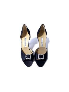 Manolo Blahnik Hangisi Black Satin D'Orsey Peeptoe Heels Size 37